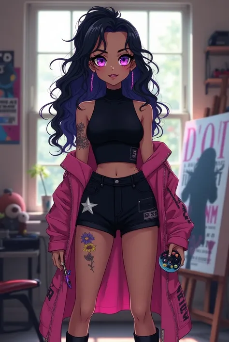  Beautiful girl with curly hair up to the middle of her back in black color and on the tips purple and pink reflections and white stars on the tips ,  sleeveless black turtleneck shirt ,  black shorts with white star print ,  big, bright lilac and pink eye...