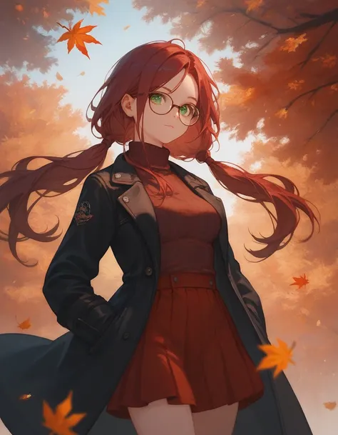 score_9, score_8_up, score_7_up, score_6_up, score_5_up, score_4_up, 1 girl, burgundy hair, long hair, glasses, two low ponytails, green eyes, black coat, turtleneck, medium breasts, skirt, autumn, leaves, detailed background, ((pose))