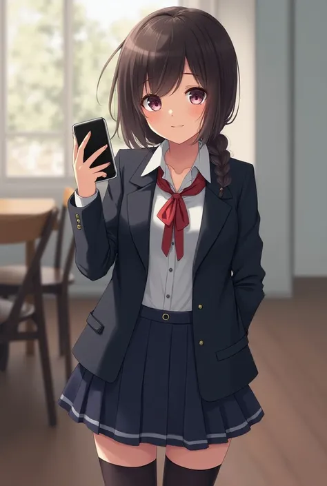 there is a woman in a skirt and a jacket holding a cell phone, a picture by Kamagurka, tumblr, sōsaku made, hyperrealistic schoolgirl, a hyperrealistic schoolgirl,  blackthighhighs and skirt, exposed thighs!!!, of a schoolgirl posing, cute schoolgirl, thig...