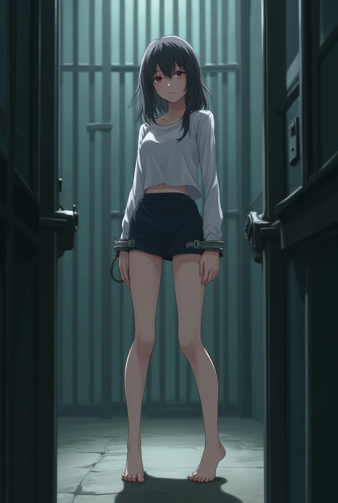  An anime female prisoner barefoot ，The legs are white and white ， was handcuffed by the police in the jail，Wearing a miniskirt and a prison uniform 