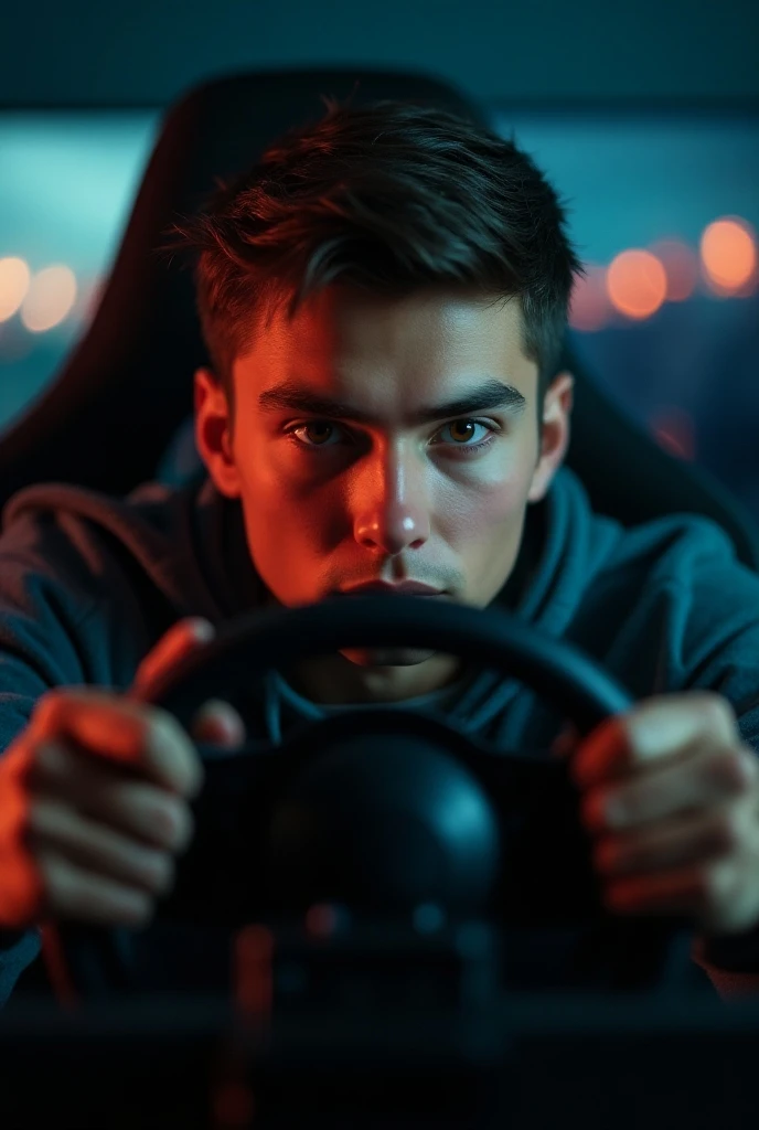 a young caucasian man, detailed face, beautiful eyes and lips, short brown hair, playing video games on a computer, using a steering wheel controller, indoor setting, desk, computer setup, focused expression, dynamic pose, cinematic lighting, highly detail...