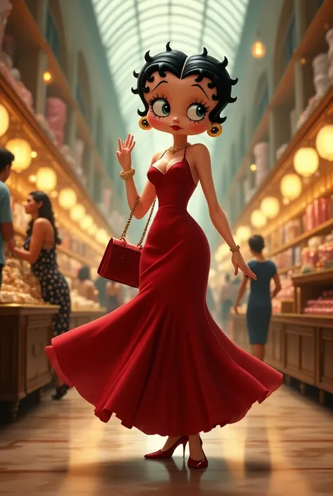 bettyboop wearing long skirt ， with handbag at department store