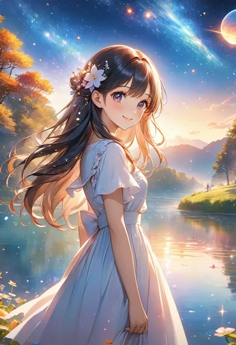 Particle Light、 long haired anime smiling woman standing in front of a lake、Beautiful anime smiling woman 、Magical Sparkling Lake 、 Beautiful Anime Artwork 、Anime girl with space hair、Beautiful peaceful scene in anime、Beautiful anime portraits、 Anime Art W...