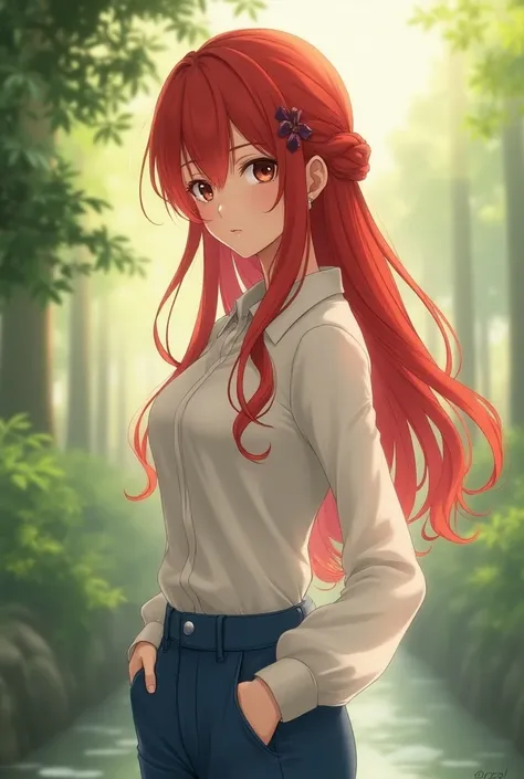  An anime character beautiful intelligent and mature woman, blue jeans and long sleeve blouse , long red hair 