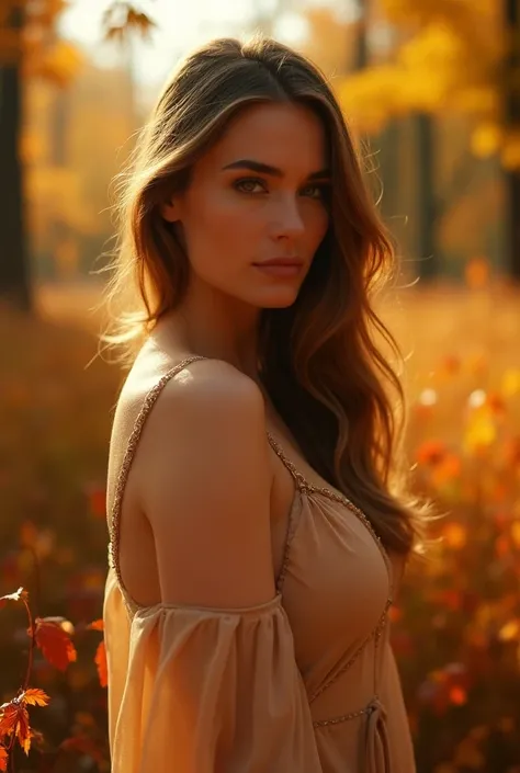 A stylish model for Victorias Secret wearing delightful autumn colors, stunning features, serene autumn setting, soft natural light, graceful pose, rich foliage, warm tones --ar 9:16 --s 120 --no text