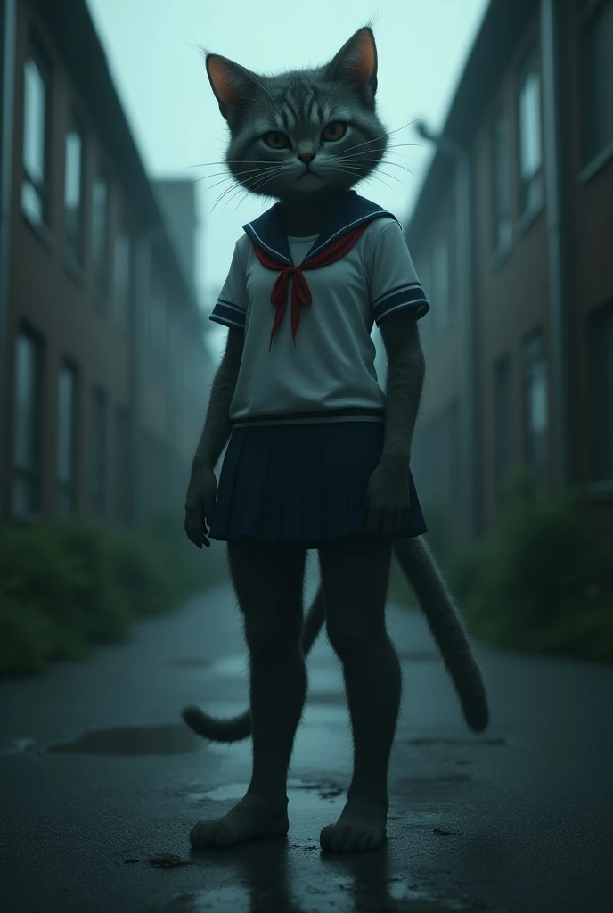 Humanoid female tabby cat, standing on two legs, depicted in a chilling horror digital art style. The scene is set in a schoolyard, with the character wearing a sailor uniform and a short skirt. Dark, eerie atmosphere surrounds, emphasizing intricate detai...