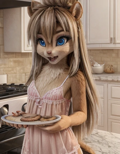 Brittany_Miller, One, chipmunk, fluffy,feminine,young ,fur detailing, 3d Model, in a nightgown, learning to cook ,  for the first time a steak in a pan is burnt at the stove ,  will burn the meat in the oven , oven smoke, a lot of smoke, in the kitchen, se...