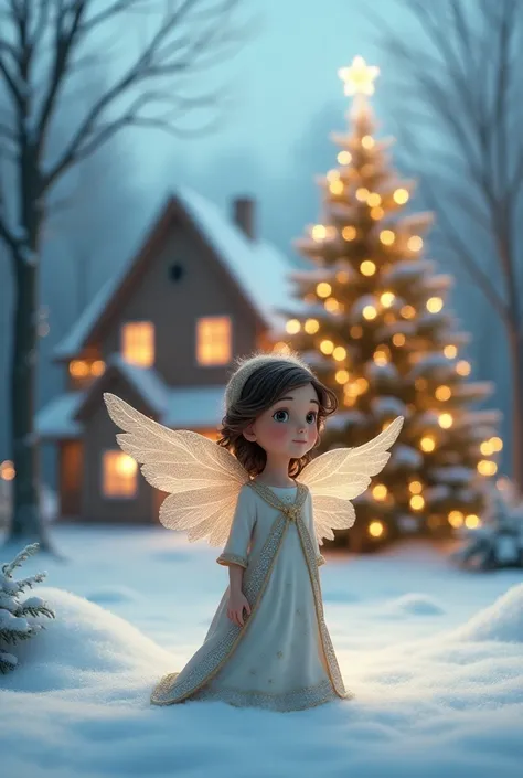  A Christmas angel with a cottage behind, A Christmas tree, A pixar image  