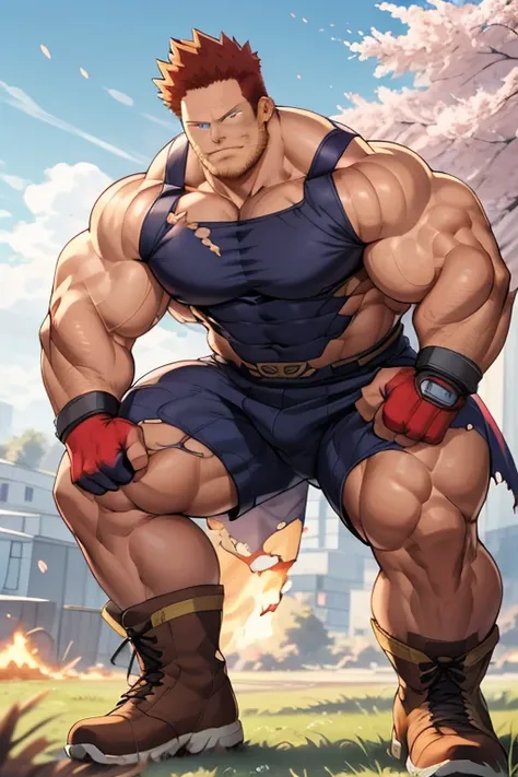 endeavor from my hero academia, covered in flames, full body,  muscular, thick, thick pubic hair, huge nice bulge, 45 yo, sexy, ...