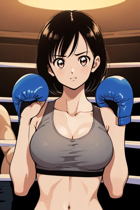 (((full body shot、female professional boxer、in the ring、         boxing gloves         、slender body、 short hair、big breasts、spo...