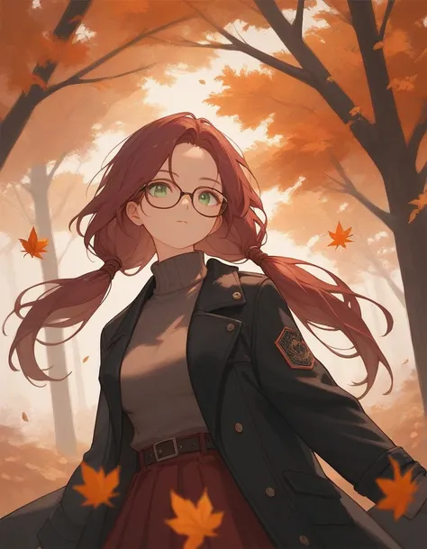 score_9, score_8_up, score_7_up, score_6_up, score_5_up, score_4_up, 1 girl, burgundy hair, long hair, glasses, two low ponytails, green eyes, black coat, turtleneck, medium breasts, skirt, autumn, leaves, ((pose))