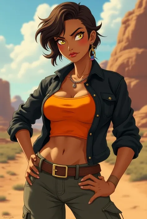 Western animated style. Mixed race Latina Navajo woman. She has short brown hair. She has yellow colored irises. She has strong muscles. (Wearing: Black jacket, orange strapless tank-top, belt and gray cargo pants). Set in the early 2000’s. 2000’s based st...