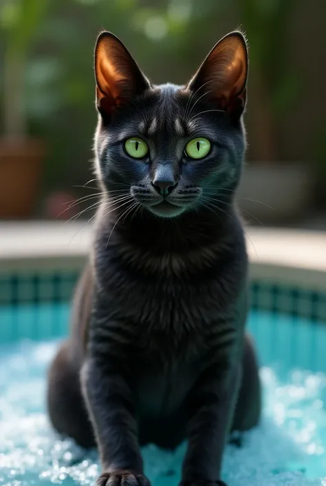  a picture portrait of a black cat with gray stripes, green eyes, with swimwear in front of a jacuzzi