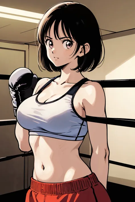 (((full body shot、female professional boxer、in the ring、         boxing gloves         、slender body、 short hair、big breasts、spo...