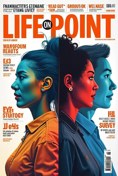 Magazine cover with the theme and title “Life on Point” with the sub-themes financing, Health, reisen und work life balance 