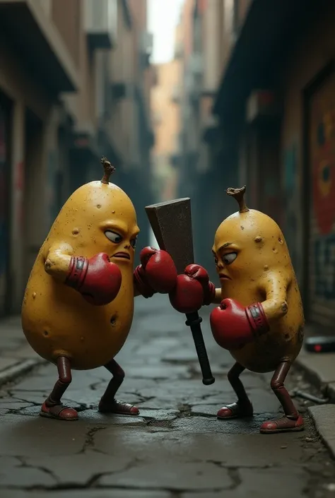 Create a Papita with boxing gloves fighting a human with a metal bat 