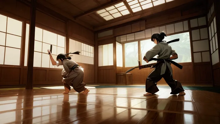 3D, Japanese, Dojo, Indoor, 2 people fighting with wooden sword, Ghibli style, competition, interior,creative