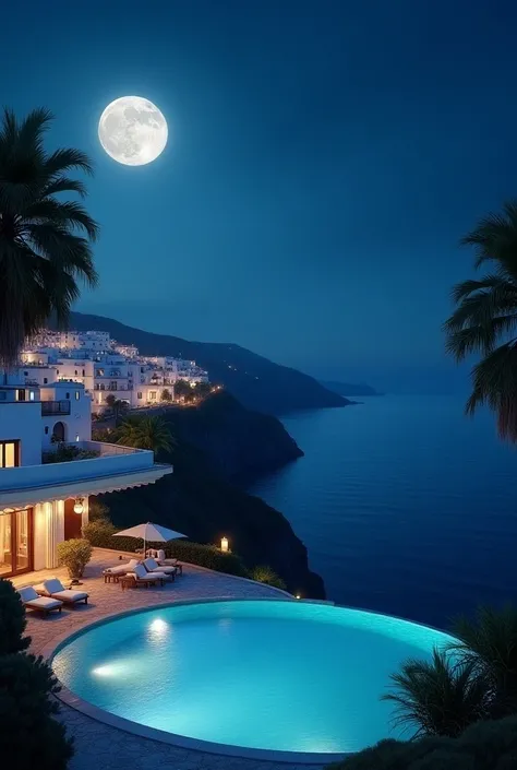 The image shows a beautiful coastal town at night, illuminated by the soft glow of lights from white-washed buildings. A full moon shines brightly in the sky, casting a serene light over the scene. The town is perched on a cliff overlooking the sea, with a...