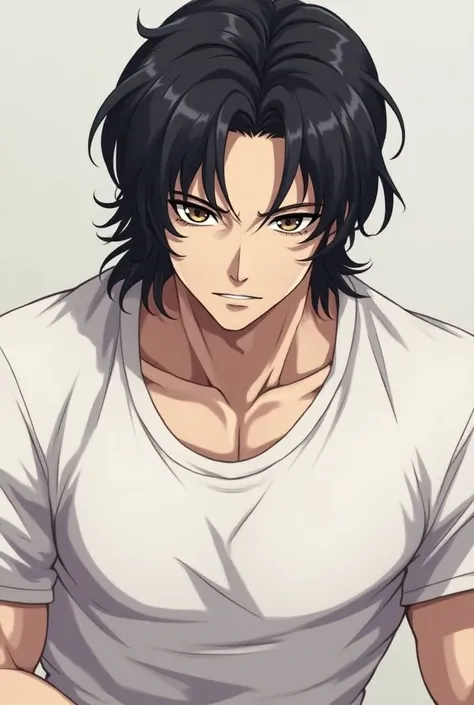 A waist up picture  full body, of an Handsome brooding man with long black hair, cold expression, but he is softer features as well, looks almost bored or calm, he is wearing a tight skinned puffy white shirt that has shows a little chest, he is very toned...