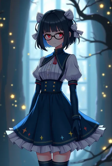 A  girl, tall and thin , Flat breasts, Jet black hair in a Bob style cut  , red eyes with a penetrating look  .   which gave her a serious and intellectual air  ,   wore black librarian glasses  ;   wearing a magical girls uniform that includes a high-wais...