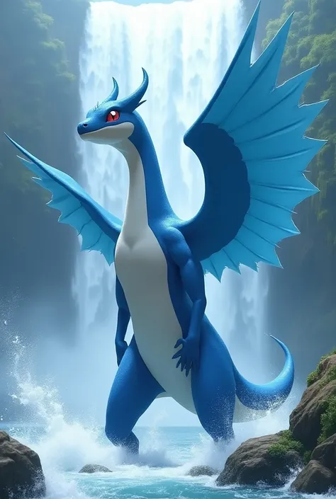 Pokemon lugia jock with a waterfall in the background