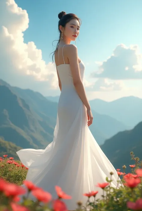 1 female, dynamic angle, Clouds and mountains , (garden: 1.4) foreground,  White Dress , Optical Tracking, ( Floating colorful wind: 1) (realistic: 1.4),  Official Art , unity 8k wallpaper, Super detailed,  Beautiful and beautiful , masterpiece,  best qual...