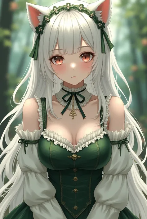  Girl of 17 with long white hair and light sakura eyes , with the tail and ears of an Akita dog ,  with a good body and breasts size c and wearing green-black Victorian maids clothing and a little sexy,  while wearing white sheets on her arms , anime style