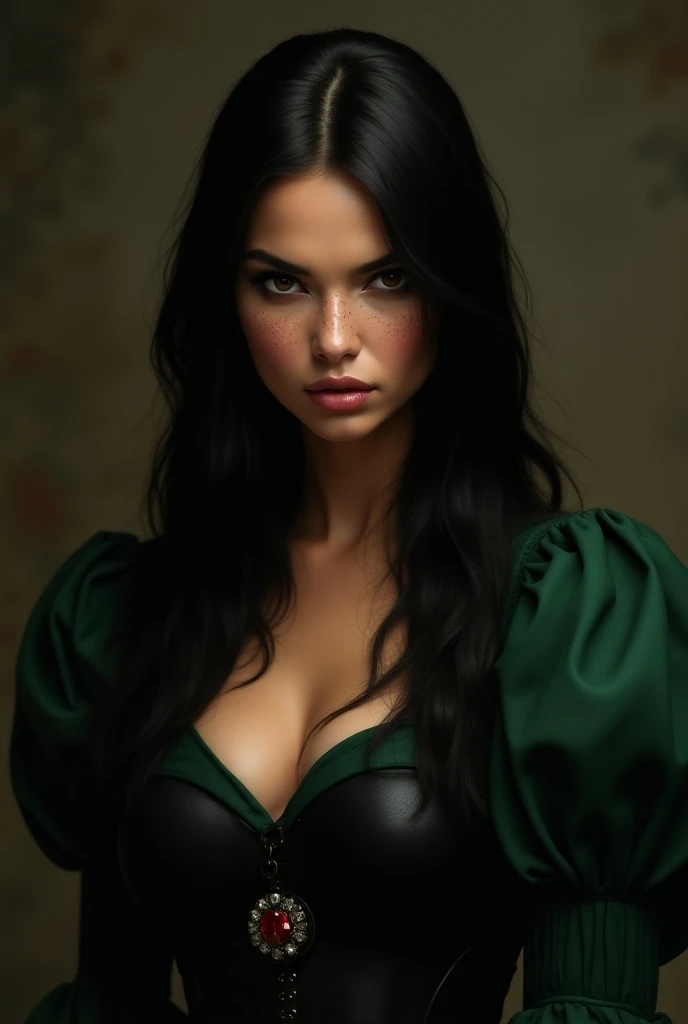 Create the image of a tanned woman with long hair,smooth and very black ,brown eyes,freckles only on the cheeks and nose and a medium-sized pink mouth. She must be wearing a long green dress with puffed sleeves and a black corset and a tall, Solo, look at ...