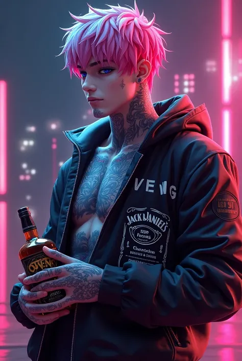 A glowing 3D anime male, , with tattoos, brightly colored hair, holding a Jack Daniels bottle, wearing a jacket that says OWENG 