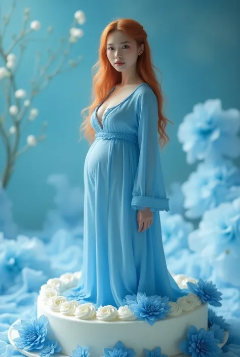 A beautiful Chinese sexy Girl with blue crystal with flowers on , creamy orange hair, blue long shirts,model pose, blue eyes ,  biggest boobs,  , realistic photo , on big white cake , beautiful  ,in pajamas, standing with 