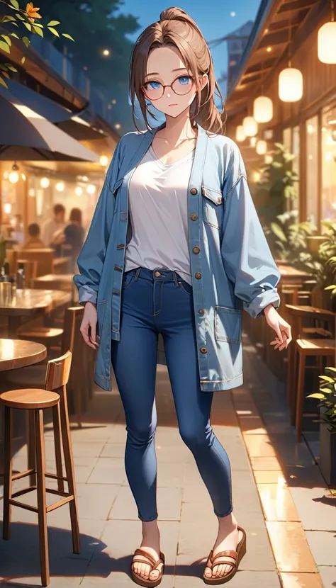 A young woman with dazzling blue eyes with glasses and lovely long brown straight ponytail with slender figure:1.1 and medium breast is standing. Her facial is casual and relaxed. She is wearing a (blue skinny jeans:1.5) and (blue denim jacket:1.2) with (w...