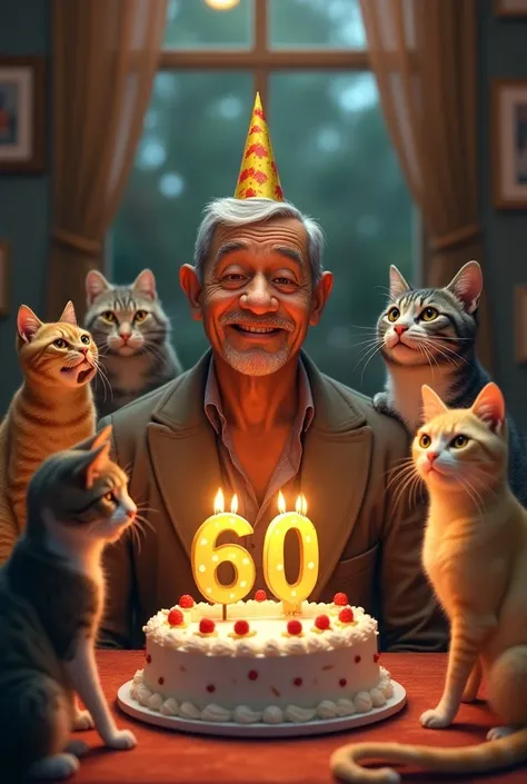 Picture of happy birthday and that the man is thin and dark looking Latino surrounded by cats with a cake that has a #60