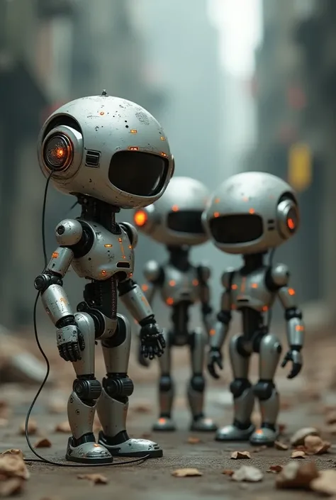 Cute little robots assembled by screws Cyberpunk-style glasses, connection ports, implants, fiber-optic cables, data transfer cables, light-emitting diodes, post-apocalyptic art (global illumination, ray tracing, HDR, non-realistic rendering, sensible desi...