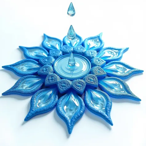 A onam pookalam ( floral rangoli) in which the flower is replaced by water droplets in blue. All this in white background. Realistic 