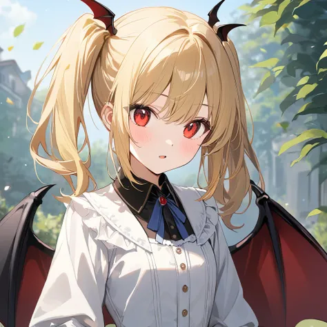  Digital Art 、(( surprisingly absurd )),(masterpiece:1.2),超 High Resolution ,  Attention to Details, high quality,  High Resolution , 最high quality, 4K, 8k、Young Vampire,girl,It has bat wings on its back and head,Red eyes,Blonde, side ponytails ,Let&#39;s ...