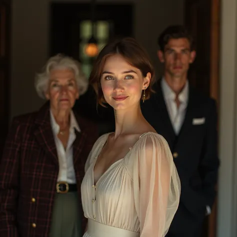 European girl standing facing the camera .
the face is brightly lit,  smiles mysteriously
Short neat hair , pale skin, light delicate clothes
A young man is standing behind him looking at a girl, elderly woman nearby
Waist-deep midplane 
