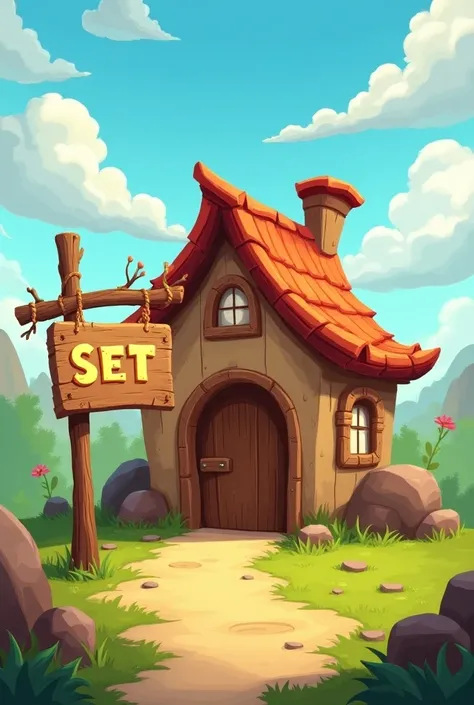 Hut with board at which " Set" Is written funny design in cartoon like  png