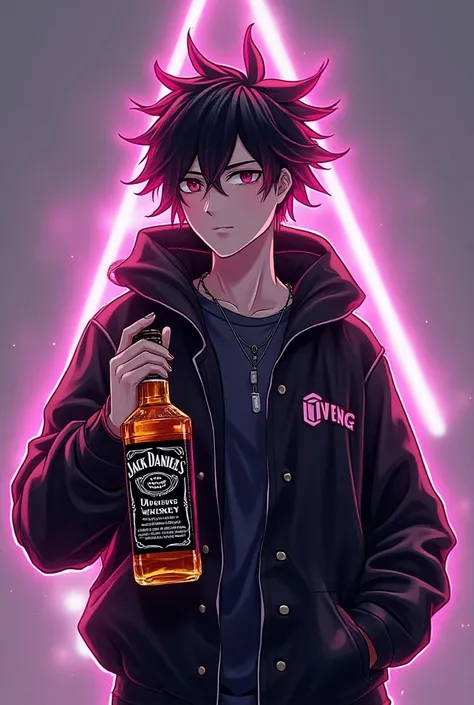 A glowing 3D anime male, ,, brightly colored hair, holding a Jack Daniels bottle, wearing a jacket name "OWENG"