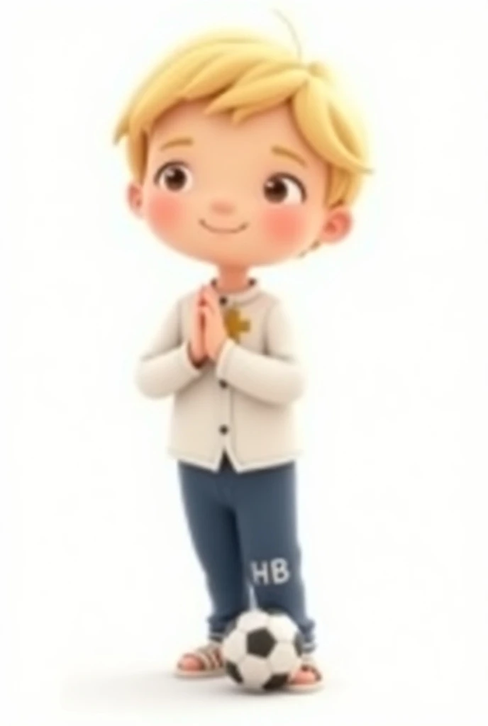  high definition cartoon image with transparent background of a blond boy, with short hair,  brown eyes, with a soccer ball stepping on it with only the left foot,  wearing an all-white shirt with long sleeves and buttons, long dark blue pants ,  dark brow...