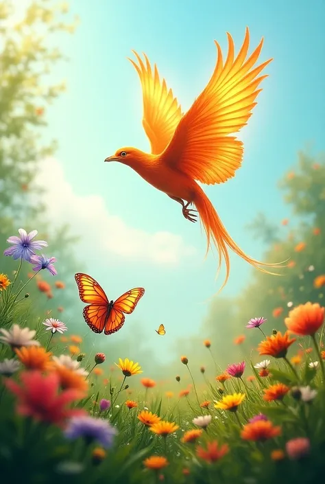 "A vibrant meadow filled with wildflowers, where a large butterfly with iridescent wings gently flutters over the blooms. High in the sky, a majestic phoenix flies, its fiery wings glowing against the soft blue sky. The butterfly moves delicately among the...