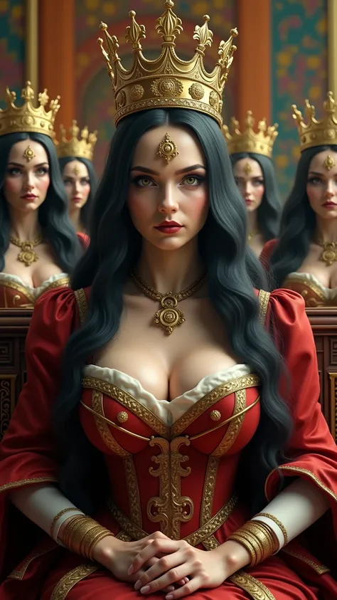 a medieval queen with Toucan animal head, epic and scary looking with cinematic style, colorful background, wearing a gold crown, Royale servants around her, she have big boobs, sitting in a ballroom