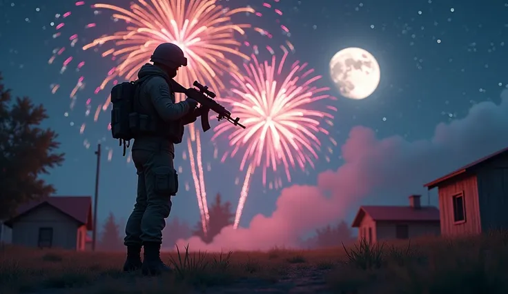 A spring, người lính cầm súng ak nhìn về  fireworks  ,  with helmets ,  rays of hope , New Years Day ,  fireworks , flares, 3d graphics , giống tựa game pubg,  simple houses , moon ,  many stars 
