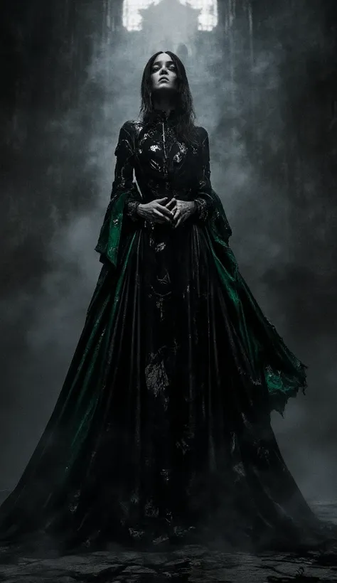 Create a highly detailed and realistic image of Raphelya, the Shadow Mistress, in her regal, dark attire. She stands tall and imposing, exuding authority and power. Her outfit is a sleek, black, glossy ensemble, tightly fitted to her body, giving her a com...