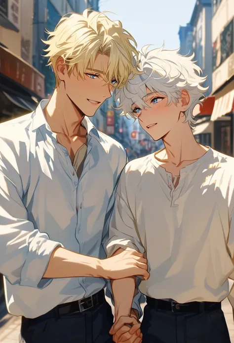  Photo, boys love, yaoi, Anime about a short 20 year old boy with white hair and blue eyes with a tall blond man, Holding hands, On a date, High definition