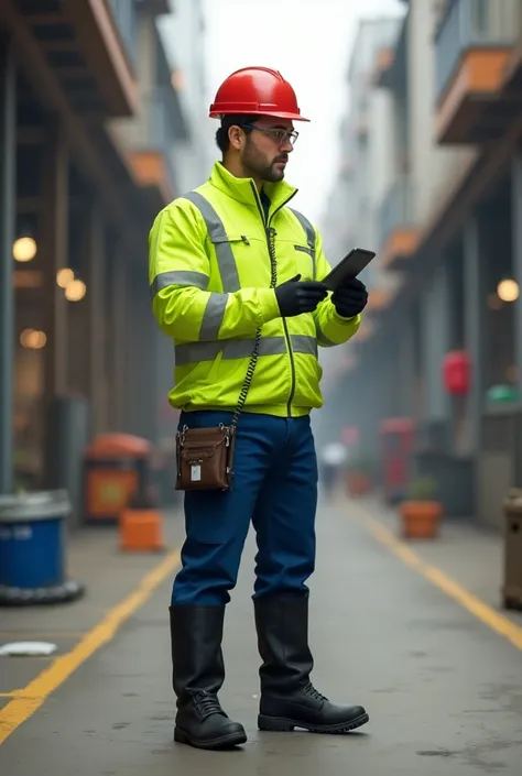 man dressed in a fluorescent green long sleeve sweater ,  with gray reflective on the sweater ,  short black safety boots , blue pants , Red helmet, safety glasses,  holding a telephone looking for a point of sale to be within a range of coordinates 