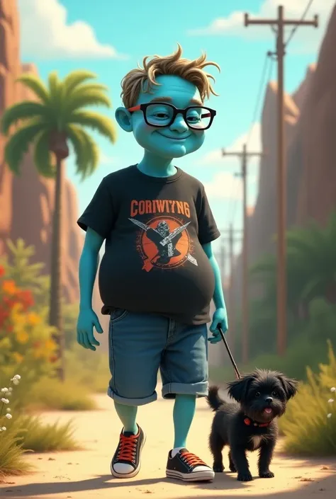 Blue alien male, pot-bellied, with glasses, wavy hair, bermuda, black t-shirt with rock print,
 taking a black shitzu dog with white fur on his chest for a walk