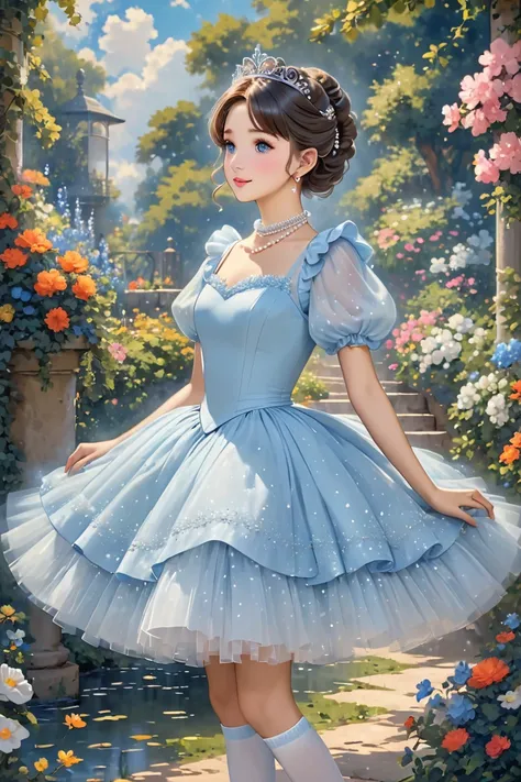 This picture showcases a person wearing a beautiful light blue, puffy dress with layers of tulle, reminiscent of a classic princess or ballerina outfit. The dress has puffed sleeves and a fitted bodice, adorned with a string of pearls around the neckline. ...