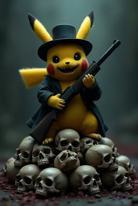 Sit on top of a pile of skulls、 Pikachu with a nihilous face、Holding a shotgun、Wearing a black hat 、 wearing a black coat 、