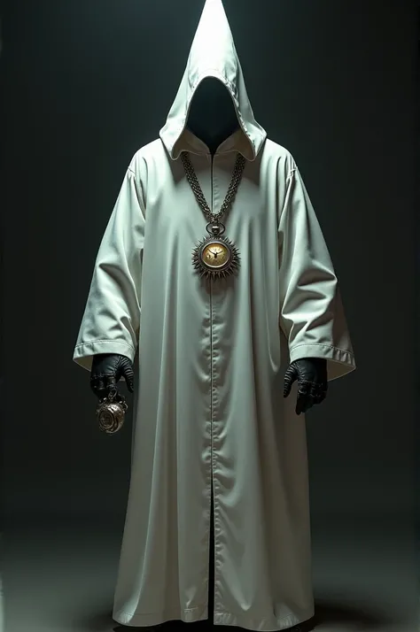 A member of the Ku Klux Klan with his white robe, pointed hat and mask, holding a pocket watch in one hand and a necklace with spikes in the other hand.