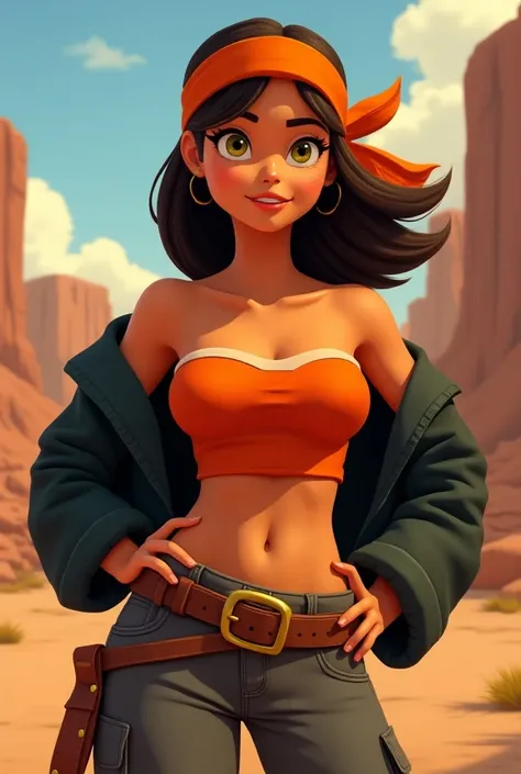 Western animated style. Mixed race Latina Navajo woman. She’s in her mid 20’s. She has shoulder-length brown hair. She has yellow colored irises. She has strong muscles earned from years of rigorous training. (Wearing early 2000’s inspired attire: Orange h...